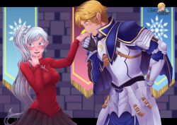 Rule 34 | 1boy, 1girl, alex kellar, armor, arthur pendragon (fate) (cosplay), black skirt, blonde hair, blue eyes, blush, breasts, cosplay, earrings, fate/grand order, fate/prototype, fate/stay night, fate (series), hetero, holding hands, jaune arc, jewelry, kiss, kissing hand, medium breasts, open mouth, playing with own hair, pleated skirt, ponytail, rwby, scar, scar across eye, scar on face, side ponytail, skirt, sweater, tohsaka rin (cosplay), weiss schnee, white hair
