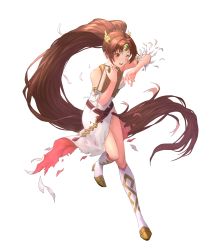 Rule 34 | 1girl, absurdly long hair, alternate costume, bare shoulders, belt, book, boots, breasts, brown eyes, brown hair, collarbone, dress, earrings, female focus, fire emblem, fire emblem: new mystery of the emblem, fire emblem heroes, full body, hair ornament, high heel boots, high heels, highres, holding, holding book, jewelry, knee boots, linde (fire emblem), long dress, long hair, matching hair/eyes, nintendo, official art, one eye closed, side slit, sleeveless, sleeveless dress, solo, torn clothes, torn dress, transparent background, very long hair, white dress, white footwear