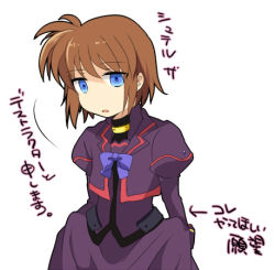 Rule 34 | 1girl, blue bow, blue bowtie, blue eyes, bow, bowtie, brown hair, dress, expressionless, juliet sleeves, long sleeves, lowres, lyrical nanoha, mahou shoujo lyrical nanoha, mahou shoujo lyrical nanoha a&#039;s, mahou shoujo lyrical nanoha a&#039;s portable: the battle of aces, stern the destructor, puffy long sleeves, puffy sleeves, purple dress, simple background, solo, takana (nanao), white background