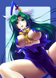Rule 34 | 1girl, between breasts, breasts, breasts apart, breasts out, female focus, green eyes, green hair, hat, koto tsubane, large breasts, legs, long hair, matching hair/eyes, mima (touhou), sharing, solo, spread legs, thick thighs, thighs, torn clothes, touhou, touhou (pc-98), wizard hat