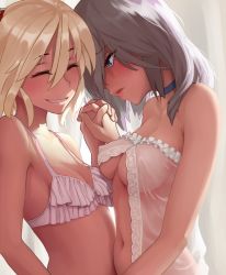 Rule 34 | 2girls, ayano rika, bare shoulders, bikini, blonde hair, blue eyes, bra, breasts, closed eyes, collarbone, commentary, covered erect nipples, detached collar, frills, hair between eyes, holding hands, isuzu ren, long hair, looking at another, magia record: mahou shoujo madoka magica gaiden, mahou shoujo madoka magica, medium breasts, multiple girls, navel, open mouth, parted lips, rilliant, see-through, short hair, side ponytail, silver hair, small breasts, smile, swimsuit, underwear, underwear only, yuri