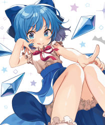 Rule 34 | 1girl, :q, ^^^, absurdres, adapted costume, akanbe, bare arms, bare legs, bloomers, blue bow, blue eyes, blue hair, blue skirt, blue wings, bow, cirno, closed mouth, commentary request, dress shirt, eyelid pull, hair bow, high-waist skirt, highres, ice, ice wings, knees together feet apart, looking at viewer, neck ribbon, red ribbon, ribbon, shigure ui, shirt, short hair, short sleeves, simple background, skirt, sleeveless, sleeveless shirt, smile, solo, sparkle, star (symbol), starry background, tongue, tongue out, touhou, underwear, v-shaped eyebrows, white background, white shirt, wing collar, wings