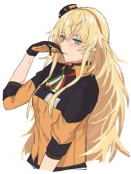 Rule 34 | 1girl, aogisa, bad id, bad pixiv id, black gloves, blonde hair, blush, girls&#039; frontline, gloves, green eyes, hair ornament, hand up, highres, italian flag, italian flag neckwear, jacket, long hair, looking at viewer, multicolored clothes, multicolored jacket, profile, s.a.t.8 (girls&#039; frontline), solo, white background