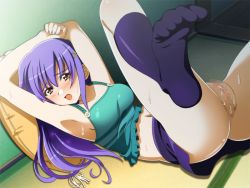 Rule 34 | 00s, 1girl, armpits, arms up, artist request, ass, blue skirt, blue socks, blush, breasts, censored, clothes lift, crop top, cushion, feet, game cg, green green, green shirt, hair ornament, indoors, kutsuki futaba, leg up, legs, long hair, looking at viewer, lying, midriff, miniskirt, mosaic censoring, navel, no panties, no shoes, on back, on floor, open mouth, pillow, purple hair, pussy, red eyes, shirt, skirt, skirt lift, sleeveless, sleeveless shirt, socks, solo, spread legs, sweat, tank top, tatami, thighs, toes, wet