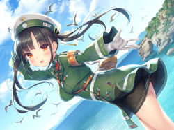 Rule 34 | 1girl, absurdres, arm up, armband, bird, black hair, blush, day, dutch angle, gloves, hat, highres, long hair, long sleeves, looking at viewer, maitetsu, military, military hat, military uniform, non-web source, official art, open mouth, outdoors, outstretched arm, photoshop (medium), red eyes, sayori (neko works), seagull, solo, suika (maitetsu), twintails, uniform, white gloves