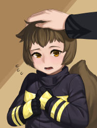 Rule 34 | 1boy, 1girl, absurdres, animal ears, arknights, bad id, bad pixiv id, blush, brown eyes, brown hair, commentary, firefighter jacket, firefighter, gloves, hand on another&#039;s head, highres, jacket, large tail, long sleeves, mekolee, no headwear, no headwear, open mouth, shaw (arknights), short hair, solo focus, squirrel ears, squirrel girl, squirrel tail, tail