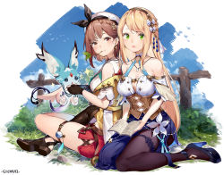 Rule 34 | 2girls, :3, atelier (series), atelier ryza, atelier ryza 2, bare shoulders, beret, black footwear, black legwear, blonde hair, blue skirt, blush, book, braid, breasts, brown eyes, brown footwear, brown hair, brown legwear, cleavage, cleavage cutout, closed mouth, clothing cutout, collarbone, commentary request, crossed legs, day, eyebrows hidden by hair, fence, flower, green eyes, hair ornament, hat, high heels, highres, jacket, klaudia valentz, long hair, looking at viewer, looking back, medium breasts, mouth hold, multiple girls, o-ring, o-ring top, off-shoulder shirt, off shoulder, open book, open mouth, pantyhose, red shorts, reisalin stout, shirt, shoes, short shorts, short sleeves, shorts, single thighhigh, sitting, skirt, sleeveless, sleeveless shirt, sparkle, thighhighs, very long hair, wariza, white flower, white headwear, white shirt, yamano (yamanoh), yellow jacket