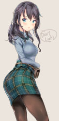 Rule 34 | 1girl, :o, aqua eyes, ass, bad id, bad pixiv id, bag, belt, black hair, blush, braid, breasts, brown background, brown pantyhose, english text, from behind, green skirt, grey sweater, handbag, holding, holding bag, long hair, long sleeves, looking at viewer, medium breasts, medium skirt, open mouth, original, pantyhose, plaid, plaid skirt, sidelocks, simple background, skirt, solo, speech bubble, standing, suihi, sweater, tareme, twisted torso, v-shaped eyebrows