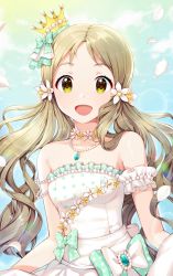 Rule 34 | 1girl, :d, arm garter, bare shoulders, blue sky, bow, breasts, cloud, commentary, crown, day, dress, flower, flower necklace, frilled dress, frills, gem, gradient sky, green bow, green sky, hair bow, hair flower, hair ornament, handa roco, highres, idolmaster, idolmaster million live!, idolmaster million live! theater days, jewelry, lens flare, light brown hair, light particles, long hair, looking at viewer, medium breasts, mini crown, necklace, open mouth, outdoors, parted bangs, pearl (gemstone), pearl necklace, pendant, petals, pinkiepies2, polka dot, polka dot bow, polka dot dress, sky, smile, solo, sparkle, strapless, strapless dress, symbol-only commentary, tilted headwear, turquoise (gemstone), twintails, upper body, very long hair, white bow, white dress, white flower, yellow eyes, yellow flower