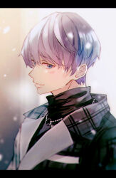 Rule 34 | 1boy, black sweater, blue eyes, blush, coat, facing to the side, highres, light purple hair, long sleeves, looking at viewer, male focus, roji (rozio), scarf, seomoon ijeong, short hair, smile, solo, sweater, teeth, turtleneck, turtleneck sweater, wind boys!
