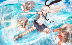 Rule 34 | &gt; &lt;, 10s, 1girl, anchor hair ornament, black panties, blonde hair, closed eyes, cloud, cloudy sky, elbow gloves, firing, gloves, hair ornament, highleg, highleg panties, highres, island, kantai collection, lifebuoy, long hair, panties, rensouhou-chan, sailor collar, shimakaze (kancolle), sky, striped clothes, striped thighhighs, swim ring, thighhighs, underwear, white gloves, you (shimizu)