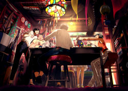 Rule 34 | 2girls, 3boys, absurdres, bar (place), beer can, belt, black hair, blouse, blush, bracelet, brown hair, can, closed eyes, closed mouth, cup, denim, drink can, drinking glass, fabric, facing another, from below, grey pants, hanging light, highres, indoors, jeans, jewelry, leaning to the side, long hair, looking at another, maeda mic, midriff peek, multiple boys, multiple girls, original, pants, shirt, short hair, sitting, skirt, sleeveless, smile, socks, standing, stool, wavy hair, white legwear, white shirt, white skirt