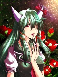 Rule 34 | 1girl, bow, breasts, dress, ex-keine, flower, green dress, green hair, hair ornament, hair over one eye, highres, horn bow, horns, kamishirasawa keine, large breasts, lips, long hair, making-of available, parted lips, puffy short sleeves, puffy sleeves, red eyes, samuimu, short sleeves, solo, touhou, very long hair