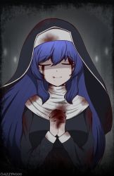 Rule 34 | 1girl, ahoge, blood, blood on clothes, blood on face, blood on hands, blue eyes, blue hair, breasts, chizzy, closed eyes, dress, hairband, halloween, halloween costume, highres, huge ahoge, long hair, medium breasts, nun, orie ballardiae harada, signature, smile, solo, traditional nun, under night in-birth, very long hair, white hairband