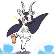 Rule 34 | &gt;:), 1girl, animated, antelope ears, antelope horns, black cape, black hair, blackbuck (kemono friends), blouse, cape, chibi, closed mouth, commentary, electric fan, extra ears, fanning self, full body, hair over one eye, hand up, holding, holding weapon, horizontal pupils, kemono friends, long sleeves, looking at viewer, multicolored hair, pantyhose, red eyes, shirt, shorts, simple background, smile, smug, solo, sparkle, standing, swept bangs, tail, taro (tontaro), two-tone hair, v-shaped eyebrows, video, weapon, white background, white hair