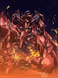 Rule 34 | 10s, dated, fire, glowing, highres, kneeling, mecha, night, no humans, on one knee, oruta (owata saber), robot, signature, smoke, solo, soukyuu no fafner, sparks, spikes, titan model fafner
