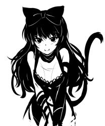 Rule 34 | 1girl, black hair, blake belladonna, bow, cat tail, fang, fang out, greyscale, hair bow, iesupa, monochrome, rwby, smile, solo, tail