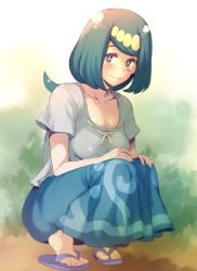 Rule 34 | 1girl, blue eyes, blue hair, blush, breasts, check commentary, cleavage, closed mouth, commentary request, creatures (company), dress, ero kaeru, feet, freckles, game freak, lana&#039;s mother (pokemon), large breasts, long hair, looking at viewer, nintendo, pokemon, pokemon (anime), pokemon sm (anime), sandals, smile, solo
