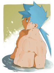 Rule 34 | 1boy, blue eyes, blue hair, breath of fire, breath of fire iv, closed mouth, looking afar, male focus, nabana (bnnbnn), nipples, partially submerged, ponytail, ryuu (breath of fire iv), solo, spiked hair, upper body, water, wet