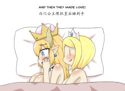 Rule 34 | 2girls, bad id, bad pixiv id, black nails, blonde hair, blue eyes, blush, bowsette, bracelet, breasts, chinese text, comic, crown, english text, engrish text, fingernails, greenteaneko, hair down, highres, horns, jewelry, large breasts, lying, mario (series), multiple girls, nail polish, new super mario bros. u deluxe, nintendo, nude, on side, parted lips, pillow, pointy ears, profile, ranguage, sideways mouth, simple background, simplified chinese text, slit pupils, smile, spiked bracelet, spikes, super crown, under covers, white background, wide-eyed, yuri