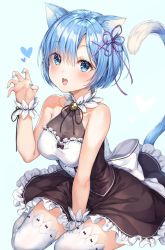 Rule 34 | 1girl, :o, alternate costume, animal ears, bare arms, bare shoulders, bell, between legs, black dress, blue background, blue eyes, blue hair, blue nails, breasts, cat ears, cat girl, cat tail, claw pose, collarbone, dress, frilled dress, frills, hair ornament, halter dress, halterneck, hand up, heart, highres, jingle bell, kemonomimi mode, looking at viewer, medium breasts, nail polish, parted lips, r o ha, re:zero kara hajimeru isekai seikatsu, rem (re:zero), ribbon, short hair, simple background, sitting, sleeveless, sleeveless dress, solo, tail, tail raised, taut clothes, taut dress, thighhighs, white ribbon, white thighhighs, wrist cuffs, x hair ornament, zettai ryouiki
