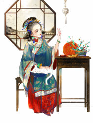 Rule 34 | 1girl, animal, animal on lap, bird, black hair, blue dress, blue flower, bracelet, bridge, cat, chinese clothes, chinese commentary, closed mouth, dress, earrings, eyeliner, flower, full body, hair bun, hair ornament, hair pulled back, hand up, highres, jewelry, layered dress, leaf hair ornament, lipstick, long sleeves, looking to the side, makeup, nail polish, necklace, on lap, original, petting, plant, potted plant, qfc-kiyoi, red dress, red footwear, red lips, red nails, shoes, sitting, smile, stool, table, tassel, updo, white background, white cat, wide sleeves, window