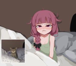Rule 34 | 1girl, black bow, blush, bocchi the rock!, bow, braid, breasts, commentary, dress, fang, green dress, hair bow, highres, hiroi kikuri, kurokimoko, looking at viewer, messy hair, nose blush, on bed, open mouth, photo-referenced, purple eyes, purple hair, reference inset, side braid, single braid, sleeveless, sleeveless dress, small breasts, solo