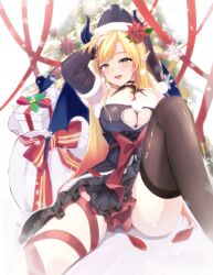 Rule 34 | absurdres, alternate costume, armpits, blonde hair, blush, bow, box, breasts, christmas, cleavage, cleavage cutout, clothing cutout, demon tail, demon wings, detached sleeves, feet out of frame, gift, gift box, hand on own face, heart cutout, highres, hololive, horns, huge breasts, large breasts, long hair, oekaki zombie, open mouth, pine tree, pointy ears, simple background, skirt, smile, snow flakes, tail, thighhighs, tree, virtual youtuber, wings, yellow eyes, yuzuki choco