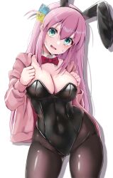 Rule 34 | 1girl, absurdres, black leotard, black pantyhose, blue eyes, blush, bocchi the rock!, breasts, cleavage, cowboy shot, gotoh hitori, highres, ice, ice cube, jacket, large breasts, leotard, long sleeves, open clothes, open jacket, open mouth, pantyhose, pink hair, pink jacket, playboy bunny, smile, solo, sweatdrop, yami anko