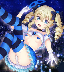 Rule 34 | :d, angelina kudou shields, beads, black choker, blonde hair, blue eyes, blue mask, blue pasties, blue ribbon, blush, breasts, carnival mask, choker, collarbone, detached sleeves, drill hair, frilled skirt, frills, gloves, hair beads, hair between eyes, hair ornament, highres, looking at viewer, magical girl, mahouka koukou no rettousei, mask, medium hair, midriff, nanikairu, open mouth, panties, reaching, reaching towards viewer, ribbon, skirt, small breasts, smile, stomach, thighs, twin drills, underwear, unworn mask, white gloves, white panties