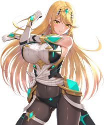 Rule 34 | 1girl, absurdres, black pantyhose, blonde hair, blush, breasts, earrings, gloves, highres, jewelry, large breasts, long hair, mythra (massive melee) (xenoblade), mythra (xenoblade), navel, nemunemu semi, nintendo, pantyhose, shiny clothes, solo, stretching, super smash bros., sweat, thigh strap, very long hair, white gloves, xenoblade chronicles (series), xenoblade chronicles 2, yellow eyes