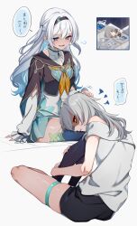 Rule 34 | 2girls, aqua skirt, bare shoulders, black hairband, black jacket, black skirt, black thighhighs, blue thighhighs, commentary request, cropped jacket, firefly (honkai: star rail), frown, gradient legwear, grey hair, grey shirt, hairband, headpat, highres, honkai: star rail, honkai (series), jacket, lap pillow, looking at another, looking down, multiple girls, neckerchief, off-shoulder shirt, off shoulder, one side up, open mouth, orange neckerchief, purple eyes, shaded face, shirt, simple background, sitting, skirt, smile, speech bubble, squiggle, stelle (honkai: star rail), thigh strap, thighhighs, trailblazer (honkai: star rail), translation request, white background, white hair, white shirt, yellow eyes, yodare (3yami8)