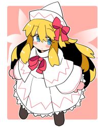 Rule 34 | 1girl, blonde hair, blue eyes, blush, border, capelet, closed mouth, dress, fairy, fairy wings, hat, highres, ini (inunabe00), lily white, long hair, long sleeves, mittens, pink mittens, solo, touhou, white border, white capelet, white dress, white hat, wide sleeves, wings