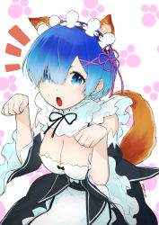Rule 34 | 1girl, absurdres, animal ears, blue eyes, blue hair, blush, breasts, cleavage, commentary request, detached sleeves, dog ears, dog tail, dress, frills, hair ornament, hair over one eye, hair ribbon, highres, looking at viewer, maid, maid headdress, medium breasts, open mouth, paw pose, pink ribbon, re:zero kara hajimeru isekai seikatsu, rem (re:zero), ribbon, short hair, signature, solo, tail, tochi keisuke, x hair ornament