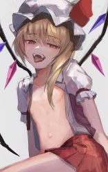 Rule 34 | absurdres, arm support, blonde hair, breasts, commentary request, convenient censoring, crystal, fang, flandre scarlet, hat, henginnnnnn, highres, medium hair, midriff, mob cap, navel, open clothes, open mouth, open shirt, open vest, pleated skirt, puffy short sleeves, puffy sleeves, red eyes, red skirt, red vest, short sleeves, side ponytail, sitting, sketch, skirt, small breasts, stomach, teeth, tongue, tongue out, touhou, upper teeth only, vest, white headwear, wings