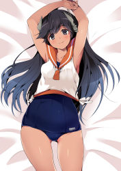 Rule 34 | 1girl, armpits, bed sheet, black eyes, black hair, blouse, blue one-piece swimsuit, breasts, highres, i-400 (kancolle), kantai collection, long hair, md5 mismatch, old school swimsuit, one-piece swimsuit, orange sailor collar, resolution mismatch, ruri rarako, sailor collar, sailor shirt, school swimsuit, shirt, sleeveless, sleeveless shirt, small breasts, solo, source larger, swimsuit, swimsuit under clothes, white shirt