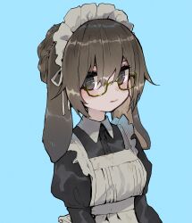 Rule 34 | 1girl, animal ears, apron, black eyes, blue background, braid, brown hair, buttons, closed mouth, collared dress, commentary request, dress, floppy ears, french braid, frilled apron, frills, glasses, hair between eyes, highres, juliet sleeves, long sleeves, looking at viewer, maid, maid headdress, original, puffy sleeves, rabbit ears, sakutake (ue3sayu), semi-rimless eyewear, short hair, simple background, solo, under-rim eyewear, upper body, white apron, yellow-framed eyewear