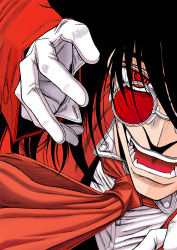 Rule 34 | 1boy, alucard (hellsing), black hair, coat, face, fangs, formal, gloves, hellsing, highres, inanaki shiki, looking at viewer, male focus, necktie, open mouth, overcoat, red coat, red eyes, smile, solo, suit, sunglasses, vampire, white gloves