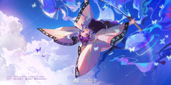 Rule 34 | 1girl, artist name, blue sky, breasts, bug, butterfly, butterfly hair ornament, buttons, closed mouth, cloud, collar, day, floating, flying, greeny (maindo), hair ornament, highres, holding, holding sword, holding weapon, insect, kimetsu no yaiba, kochou shinobu, large breasts, lipstick, long sleeves, looking up, makeup, midair, moonlight butterfly (gundam), parted bangs, pixiv id, purple eyes, purple hair, red lips, short hair, sky, smile, solo, sword, uniform, weapon, wide sleeves
