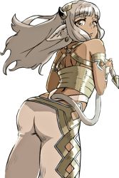 Rule 34 | 1girl, animal ears, ash (fire emblem), ass, back, back turned, bare shoulders, closed mouth, cow ears, cow girl, cow horns, cow tail, dark-skinned female, dark skin, fire emblem, fire emblem heroes, horns, looking at viewer, looking back, nintendo, solo, spdg22, tail, yellow eyes