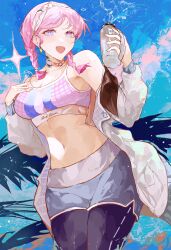 Rule 34 | 1girl, :d, absurdres, arknights, bare shoulders, black pants, blue eyes, blue poison (arknights), blue poison (shoal beat) (arknights), blue shorts, braid, breasts, choker, cleavage, commentary request, commission, crop top, hairband, hand on own chest, highres, holding, jacket, leggings, looking at viewer, medium breasts, midriff, navel, off shoulder, official alternate costume, open clothes, open jacket, open mouth, pants, pink choker, pink hair, second-party source, short hair, short shorts, shorts, smile, solo, spaghetti strap, sports bra, stomach, thighs, twin braids, white jacket, yuki flourish