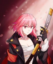 Rule 34 | 1girl, alchemy stars, bandaged neck, bandages, black coat, black gloves, breasts, cherry blossoms, chest sarashi, cleavage, coat, collarbone, commentary request, gloves, hand up, highres, hiiro (alchemy stars), holding, holding sword, holding weapon, katana, long sleeves, medium breasts, open clothes, open coat, petals, pink hair, purple eyes, qinluedeqinshiganran, sarashi, scabbard, sheath, sheathed, short hair, solo, strapless, sword, tube top, upper body, weapon