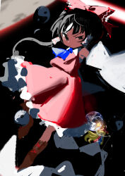 Rule 34 | 2girls, ^ ^, american flag dress, ascot, black eyes, black hair, blonde hair, blue ascot, blush stickers, boots, bow, brown footwear, closed eyes, closed mouth, clownpiece, collared dress, detached sleeves, dress, earth (planet), floating hair, frilled dress, frills, hair bow, hair tubes, hakurei reimu, highres, holding, holding torch, kokaki mumose, long hair, looking at viewer, moon, motion blur, multiple girls, nontraditional miko, open mouth, orb, planet, red bow, red dress, shide, short dress, sidelighting, sleeveless, sleeveless dress, solo focus, space, torch, touhou, uneven eyes, v-shaped eyebrows, very long hair, white sleeves, yin yang, yin yang orb