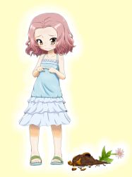 Rule 34 | 10s, 1girl, bad id, bad twitter id, blue dress, blush, broken, brown eyes, casual, daxz240r, dress, fingers together, flower pot, frown, girls und panzer, highres, index fingers together, layered dress, looking away, looking down, medium dress, red hair, rosehip (girls und panzer), sandals, short hair, simple background, solo, spaghetti strap, standing, yellow background, aged down