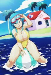 Rule 34 | 1girl, absurdres, aqua eyes, aqua hair, ball, beachball, blue sky, breasts, cleavage, cloud, cloudy sky, commission, day, diving mask, dragon ball, dragonball z, goggles, highleg, highleg swimsuit, highres, house, island, kame house, large breasts, ledy, long hair, looking at viewer, maron (dragon ball), ocean, one-piece swimsuit, open mouth, outdoors, palm tree, sky, smile, solo, spread legs, swimsuit, tree, wide hips, yellow one-piece swimsuit
