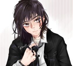 Rule 34 | 1girl, 2hzrd7, adjusting clothes, adjusting necktie, androgynous, black hair, black necktie, black suit, brown eyes, chain, chain necklace, collared shirt, commentary, dress shirt, ear piercing, english commentary, formal, highres, jacket, jewelry, kininatteru hito ga otoko ja nakatta, koga mitsuki, lipstick mark, lipstick mark on face, lipstick mark on neck, looking at viewer, medium hair, mole, mole under eye, multiple rings, necklace, necktie, piercing, ring, shirt, solo, striped background, suit, suit jacket, tomboy, twitter username, upper body, white shirt