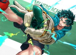 Rule 34 | 1boy, action, black shorts, boku no hero academia, clenched teeth, commentary request, copyright name, elbow gloves, flick, freckles, gloves, green background, green eyes, green gloves, green hair, green shirt, highres, hood, hood down, hoodie, male focus, midoriya izuku, red footwear, shirt, shorts, solo, sparks, spiked hair, teeth, two-tone background, two-tone gloves, white background, white gloves, yomoyama yotabanashi