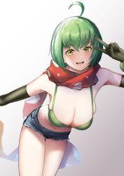 Rule 34 | 1girl, ahoge, armpits, bare shoulders, bikini, bikini top only, breasts, cleavage, elbow gloves, gloves, grand summoners, green hair, highres, large breasts, looking at viewer, navel, open mouth, puppuppa, sakuya (grand summoners), scarf, short hair, short shorts, shorts, smile, swimsuit, v