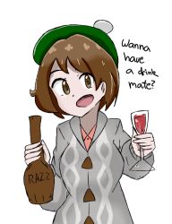Rule 34 | 1girl, alcohol, beret, brown eyes, brown hair, creatures (company), eyebrows, game freak, gloria (pokemon), hat, highres, matching hair/eyes, nintendo, open mouth, pokemon, pokemon swsh, shirt, short hair, simple background, solo, text focus, white background