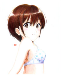 Rule 34 | 1girl, artist name, bare shoulders, blue bra, blush, boku no kokoro no yabai yatsu, bra, breasts, brown eyes, brown hair, closed mouth, colored pencil (medium), commentary, dated commentary, from side, hair between eyes, hair strand, kobayashi chihiro (bokuyaba), looking at viewer, looking to the side, polka dot, polka dot bra, short hair, shoulder blades, sidelocks, signature, simple background, small breasts, smile, solo, traditional media, two-tone bra, underwear, underwear only, upper body, very short hair, white background, white bra, y takeshinu wan